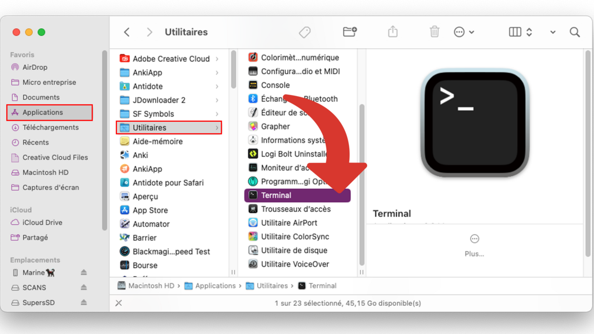 Cherchez le Terminal dans macOS