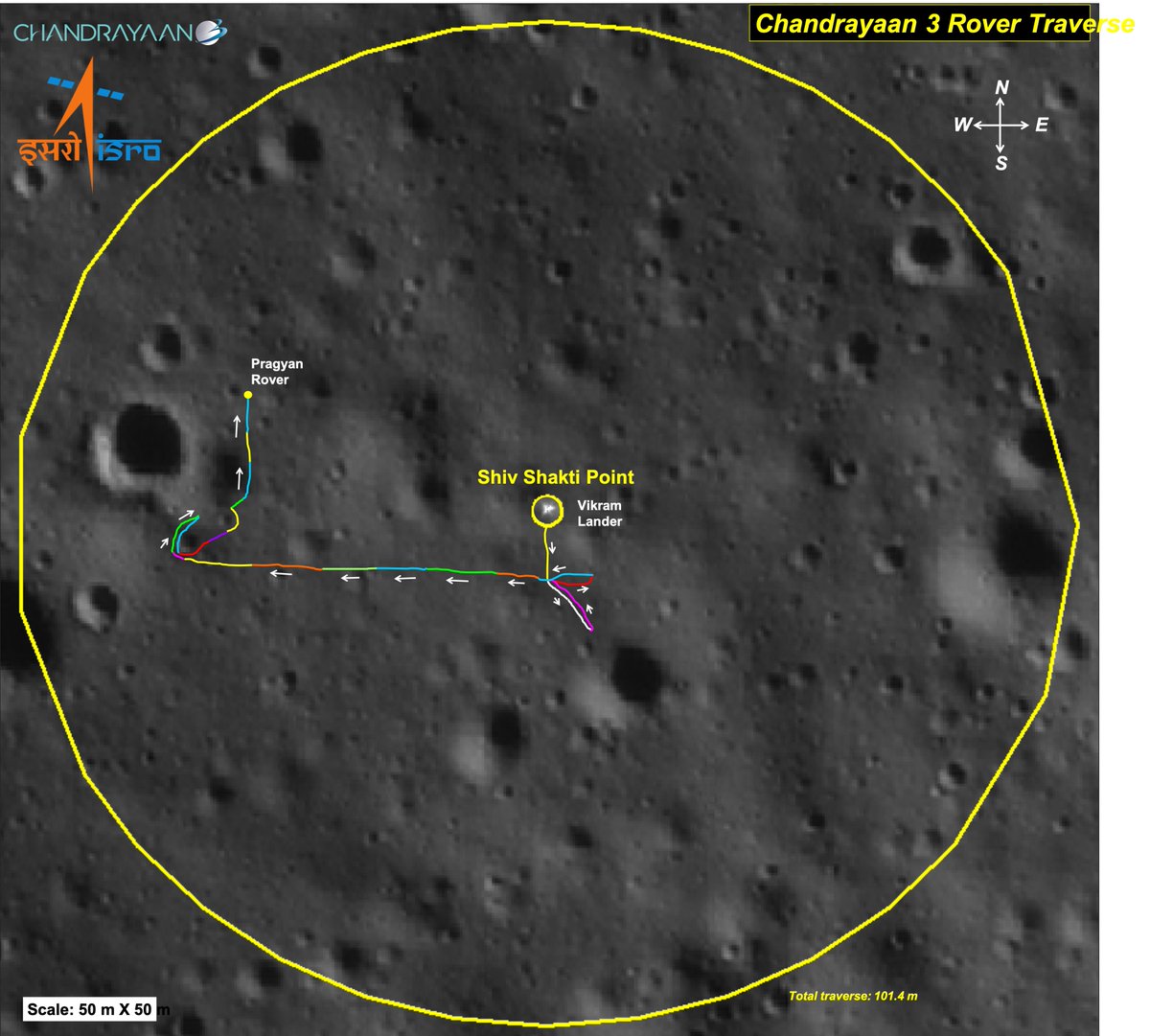 La trajectoire du rover Pragyan sur la surface lunaire © ISRO