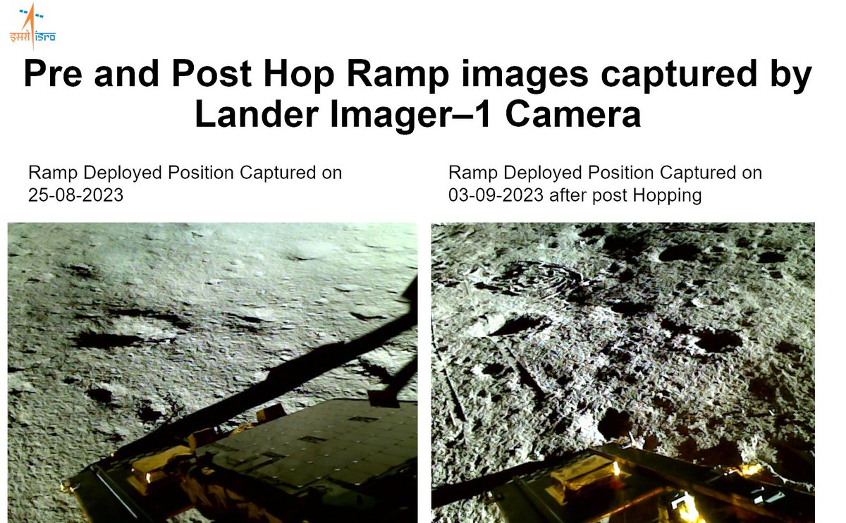 Les images avant et après le &quot;saut&quot; à la fin de la mission. Notez les traces du rover, à 40 centimètres environ du bas de la rampe © ISRO