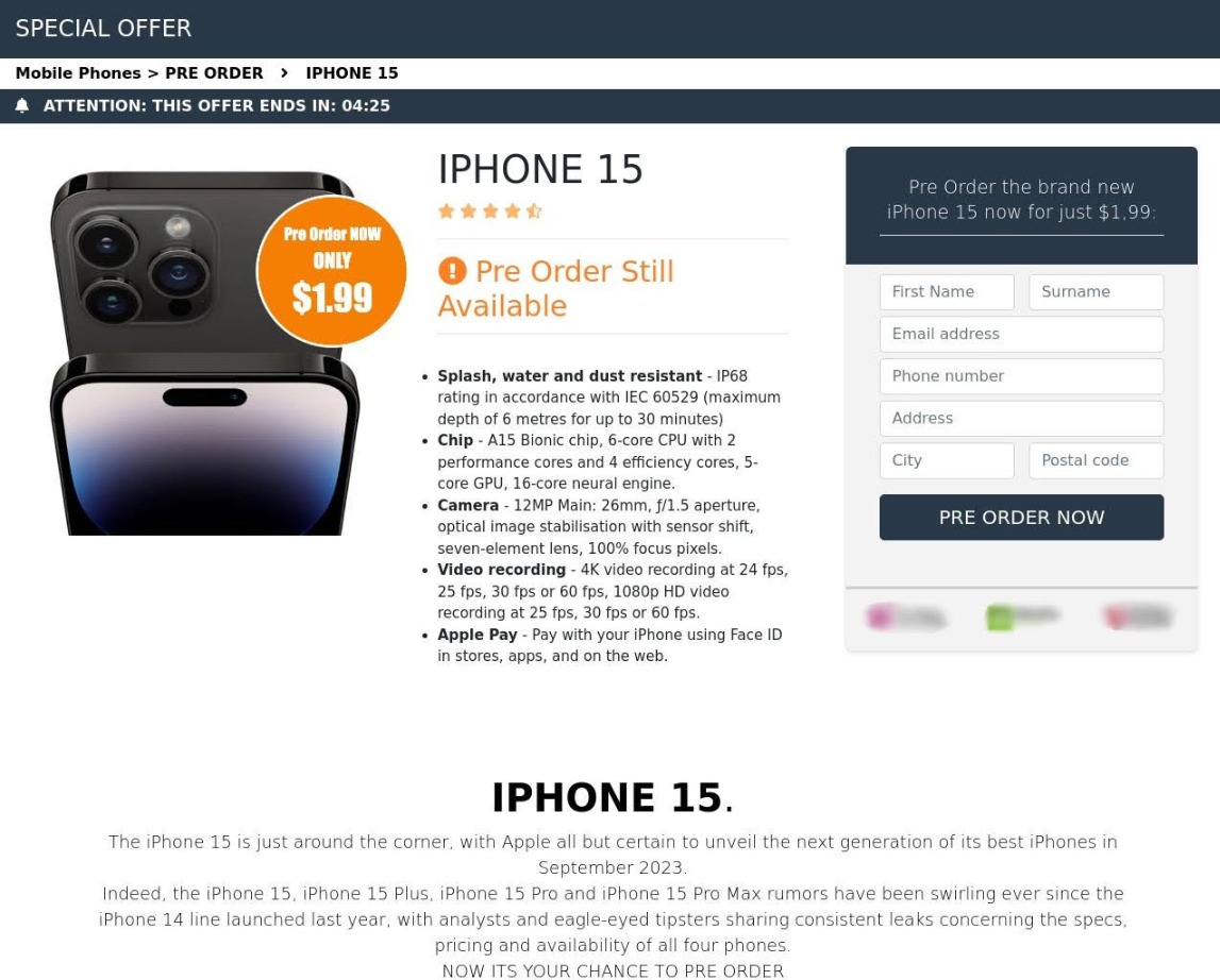 Voici un exemple de page de phishing proposant de précommander l'iPhone 15 © Kaspersky