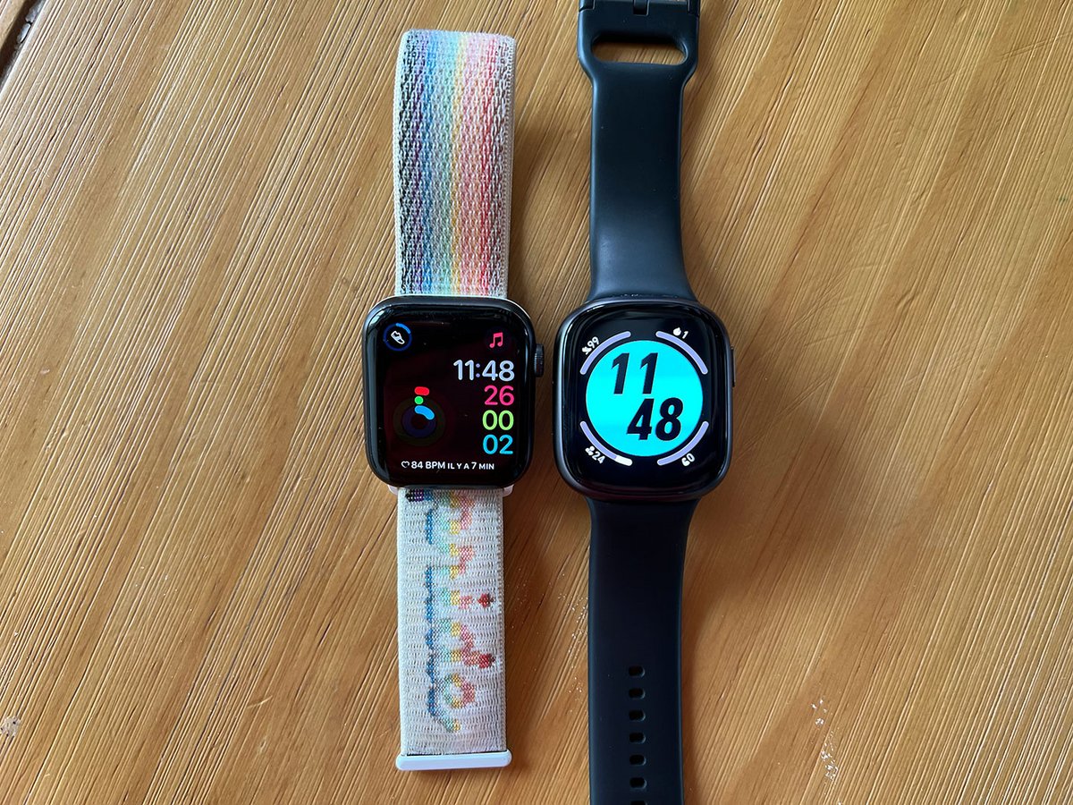 Lors de notre test de l’Honor Watch 4, nous avons été frappés par sa ressemblance avec les montres connectées de la marque à la pomme (ici, une Apple Watch SE de 2020). — © Nicolas Lafarge-Debeaupuis pour Clubic
