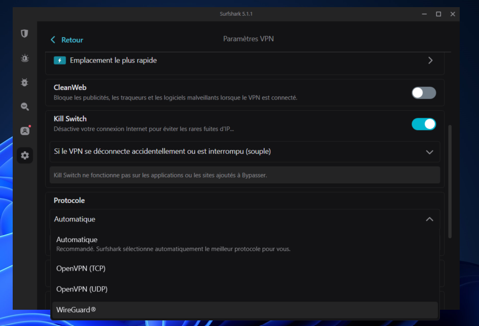 Surfshark - paramètres