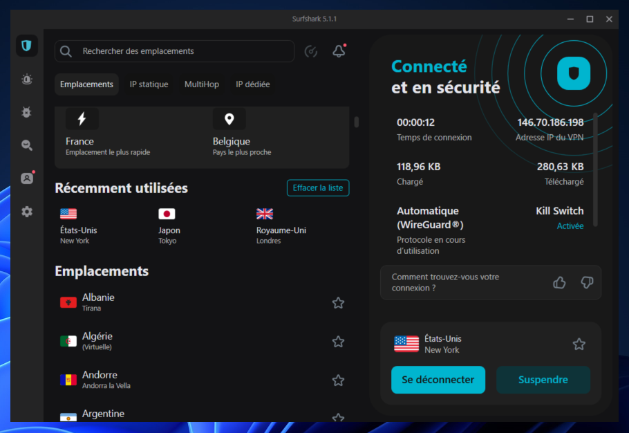 Surfshark - Tableau de bord
