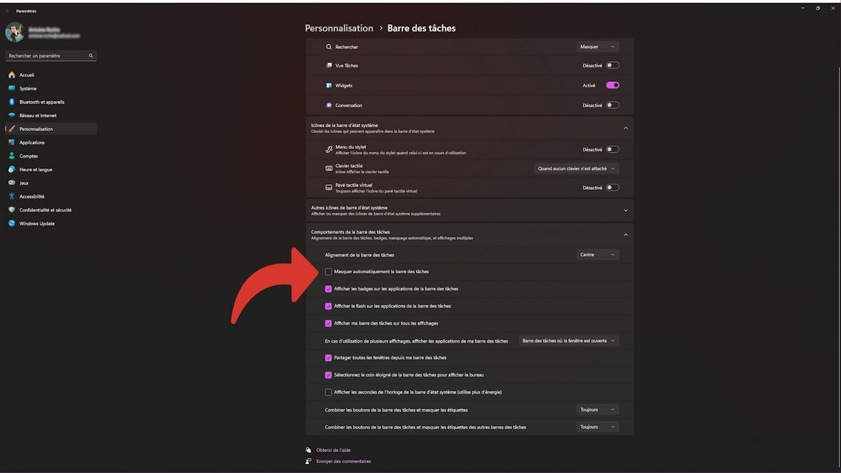 L&#039;option &quot;Masquer automatiquement la barre des tâches&quot; à décocher