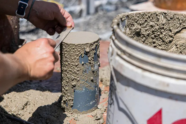  © Un ouvrier lisse un échantillon de mélange de béton dans un récipient qui contient des matériaux visant à réduire l'empreinte carbone totale du matériau / Dan Delong / Microsoft 
