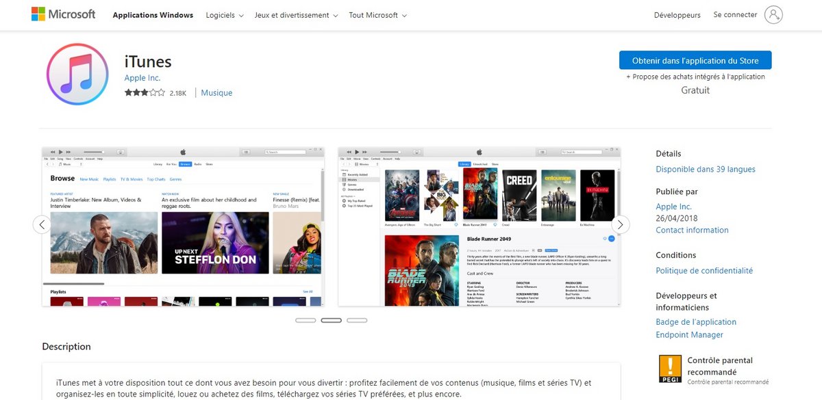 iTunes - Téléchargement de l&#039;app sur le Microsoft Store