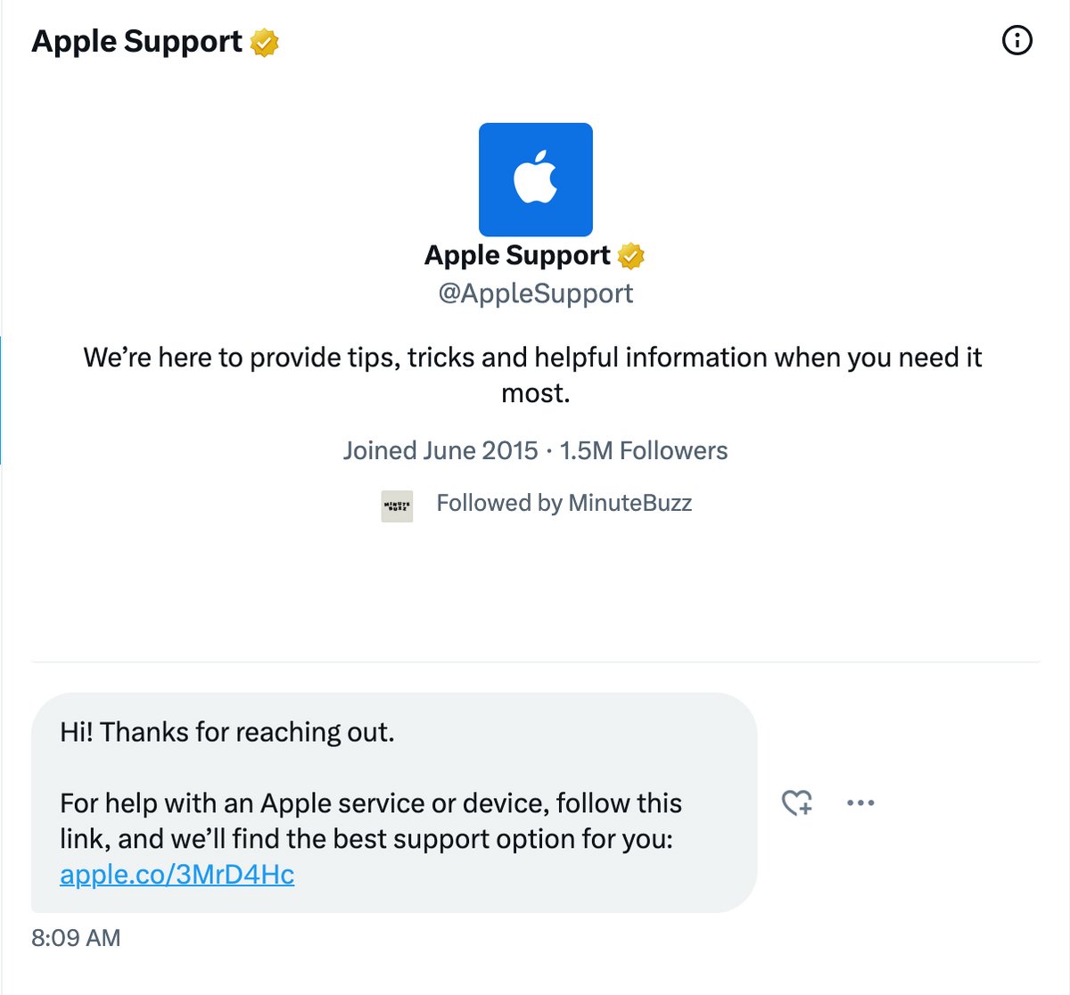 Le message automatique envoyé par Apple à tous ceux souhaitant la contacter en message privé sur X.com ©️ Apple Support / X.com