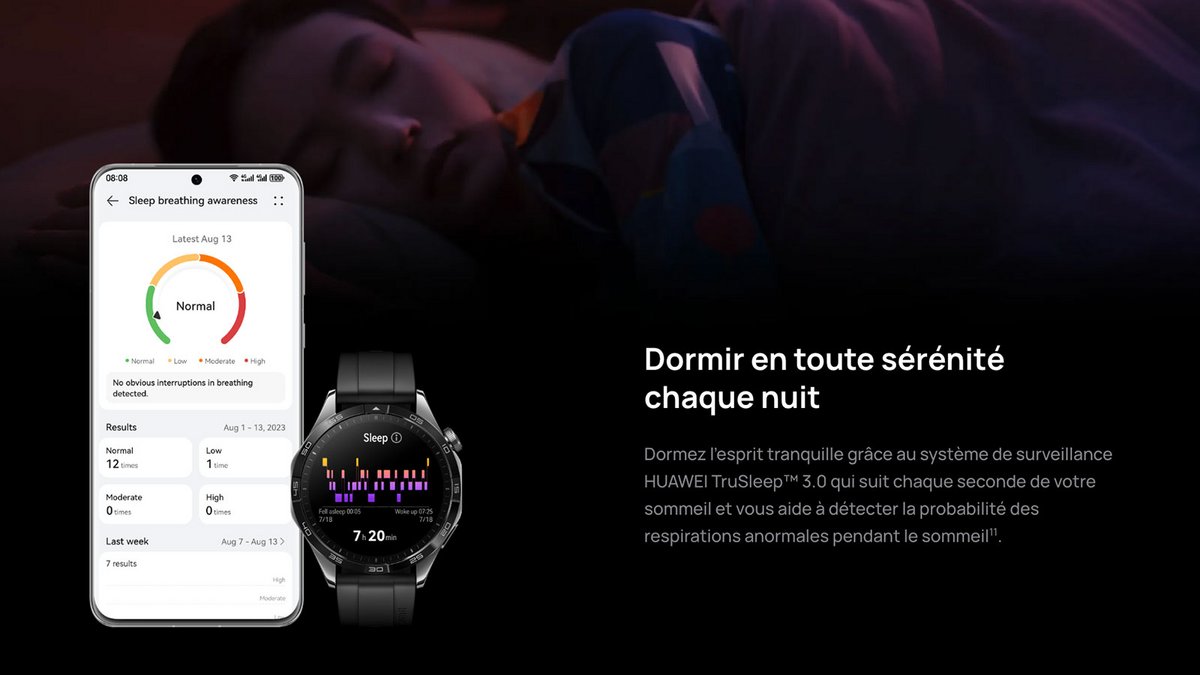 La montre connectée Watch GT4 suit de près votre sommeil. © Huawei