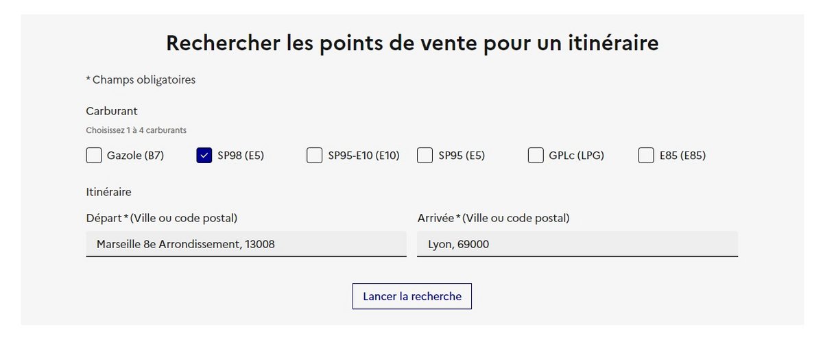 Le formulaire de recherche du site prix-carburants.gouv.fr, pour un itinéraire © Capture d&#039;écran Clubic