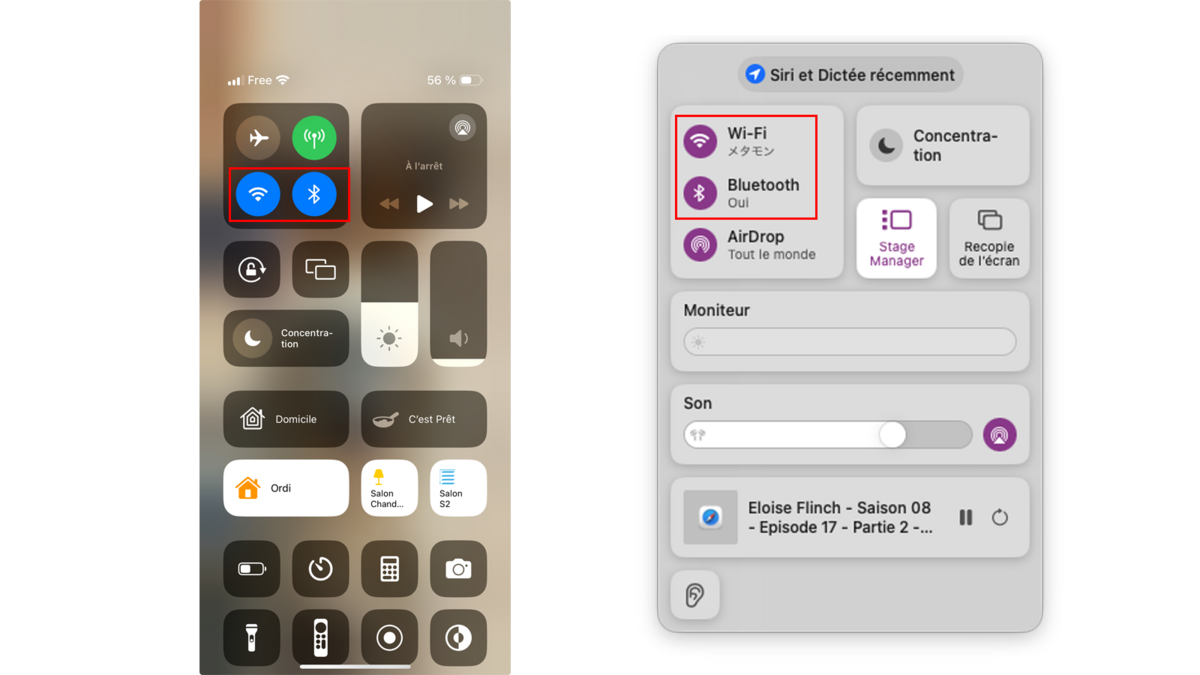 Wi-Fi et Bluetooth activés sur iPhone (à gauche) et sur Mac (à droite) © Clubic