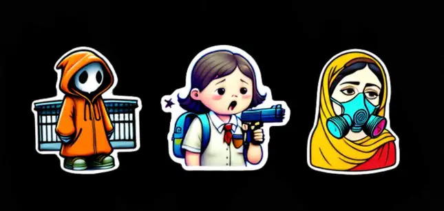 Une série de stickers, représentant des enfants armés © Gizmodo
