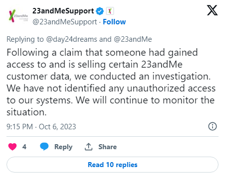  Tweet de l'entreprise 23andMe qui avertit de la vente des données de certains utilisateurs © 23andMe / X