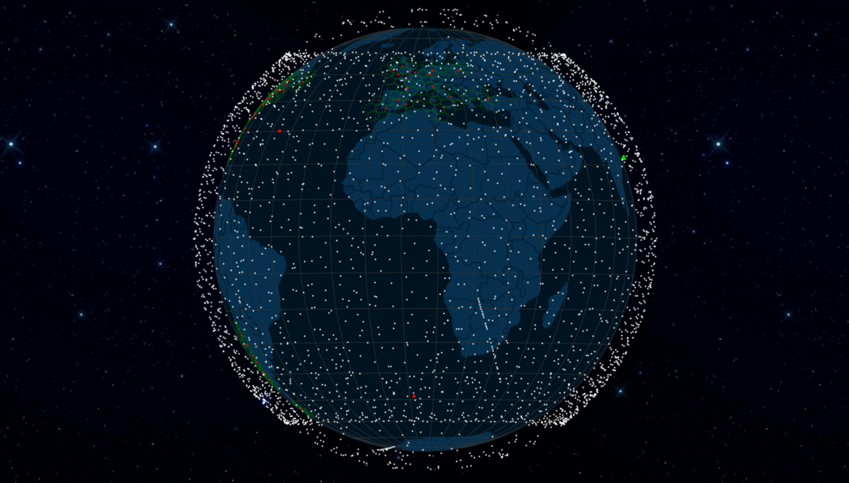 La constellation de satellites Starlink, vous pouvez les suivre en temps réel sur https://satellitemap.space/?constellation=starlink
