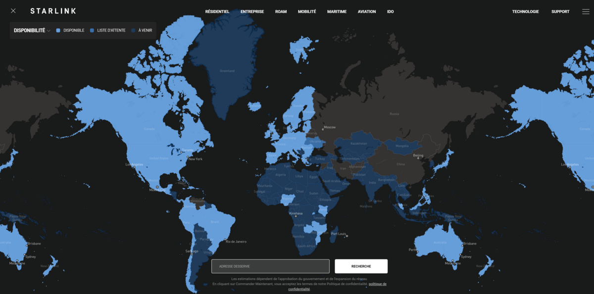 En bleu clair, les pays où Starlink est disponible © Starlink