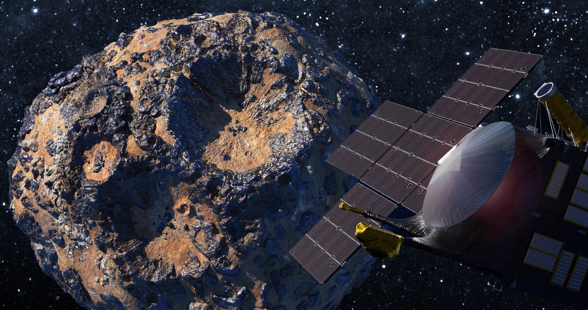 Vue d'artiste de la mission Psyche s'approchant de l'astéroïde du même nom © NASA