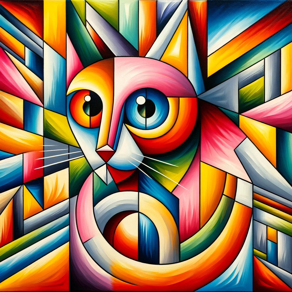 Prompt : Oil painting with geometric shapes, cubist era influences, and bright primary colors showcasing a cat with abstract features.
