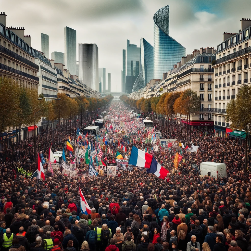 Prompt : Photo réaliste d&#039;une grande manifestation dans les rues modernes de Paris avec des milliers de personnes. Les bâtiments contemporains et des structures modernes comme des gratte-ciels sont visibles en arrière-plan. La foule est colorée, avec des personnes portant des drapeaux de syndicats. L&#039;ambiance est dynamique et vibrante, avec des personnes de divers âges, genres et origines. Des bannières, pancartes et drapeaux ajoutent des touches de couleur vive à la scène.