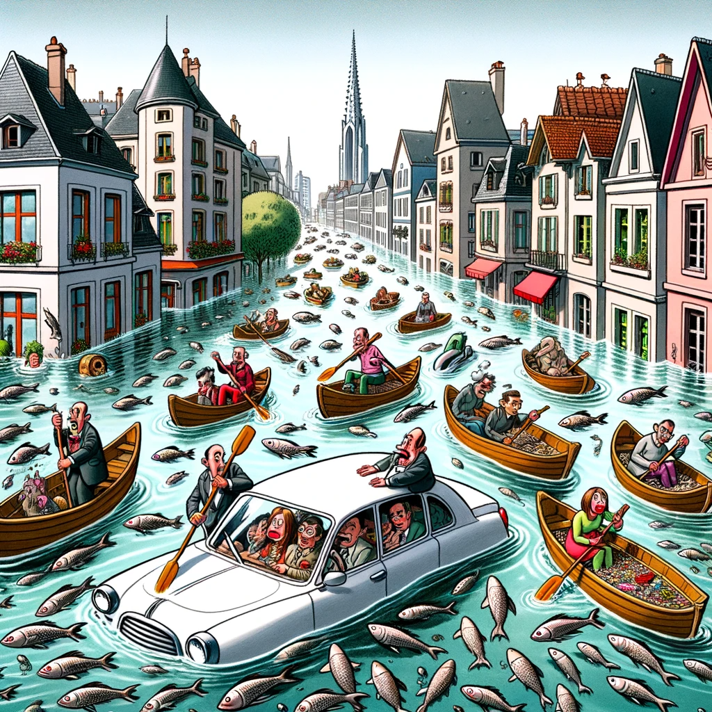 Prompt : Caricature d&#039;une ville submergée par la montée des eaux, avec des poissons nageant entre les bâtiments et des personnes utilisant des canoës au lieu de voitures. Texte : &#039;Nouvelle mode de transport en ville!&#039;