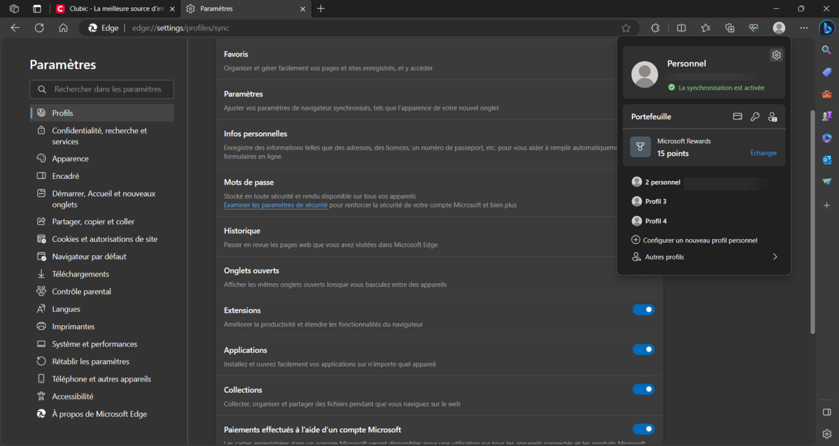 microsoft edge parametres de synchronisation © clubic.com