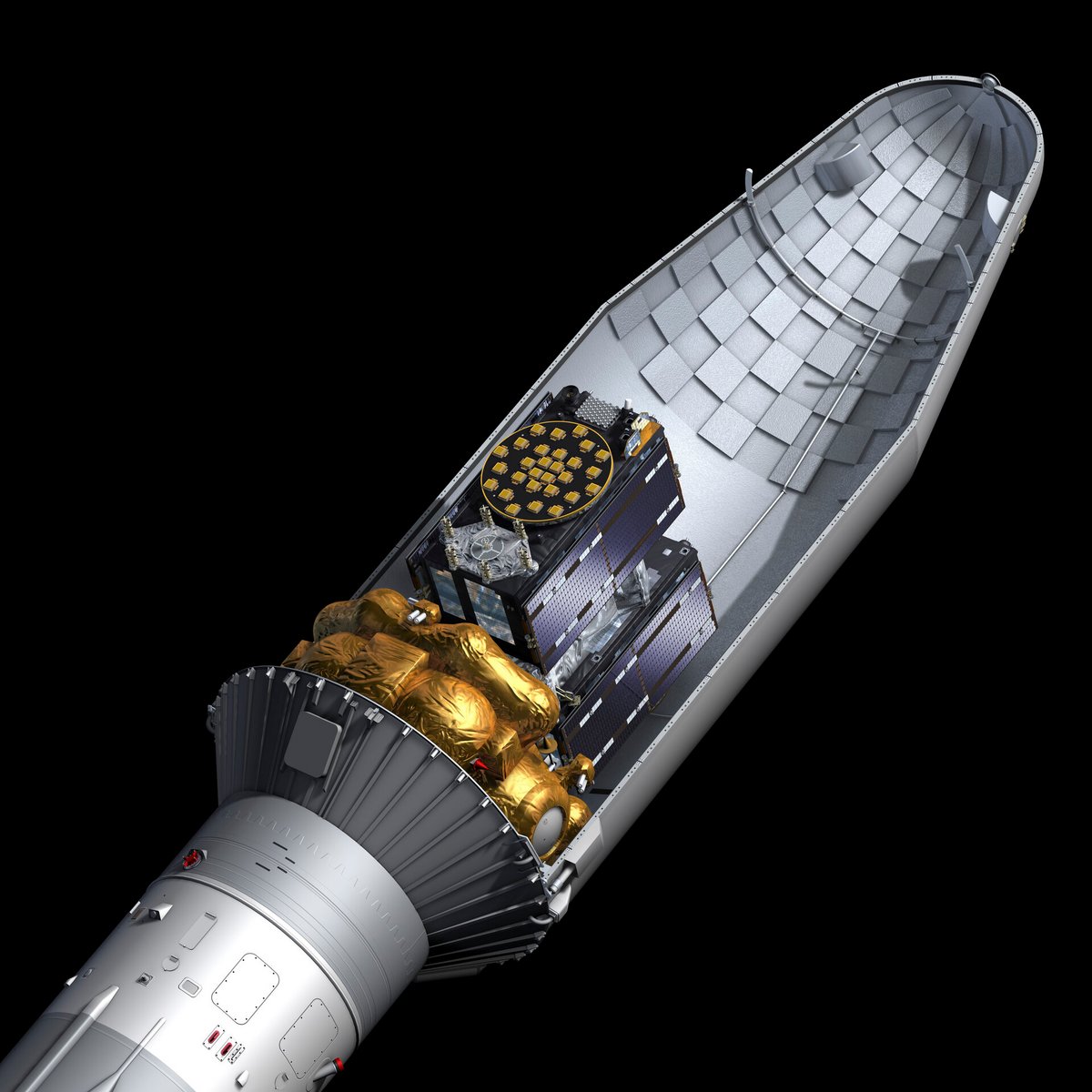 Une paire de satellites Galileo, avec la configuration utilisée pour Soyouz... Elle sera peu ou prou identique avec Falcon 9 © ESA–Pierre Carril, 2016