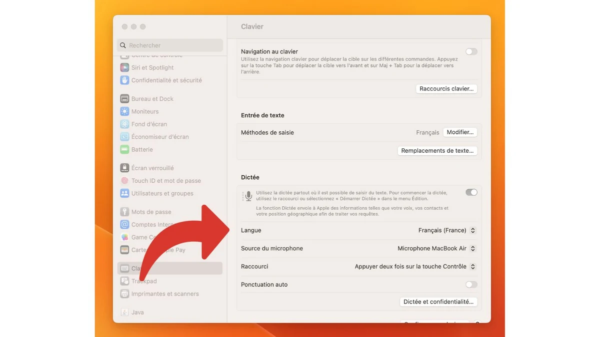 Configuration des paramètres de la dictée vocale sur macOS © Clubic