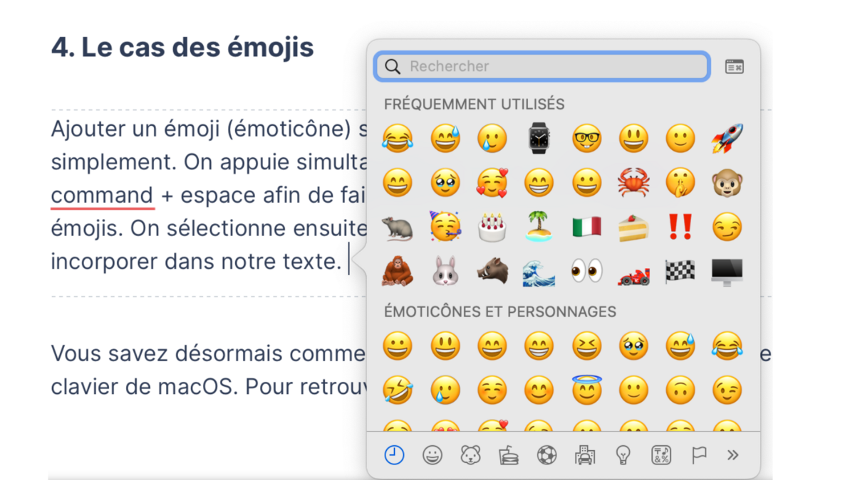 Le volet des émojis qu s'affiche