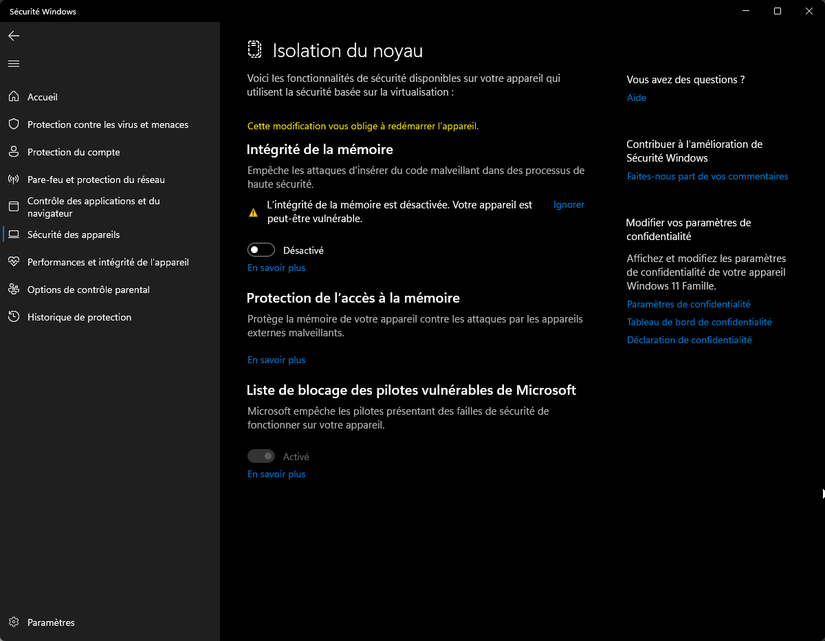 Disable Core Isolation Windows 11 © Benoit Baylé