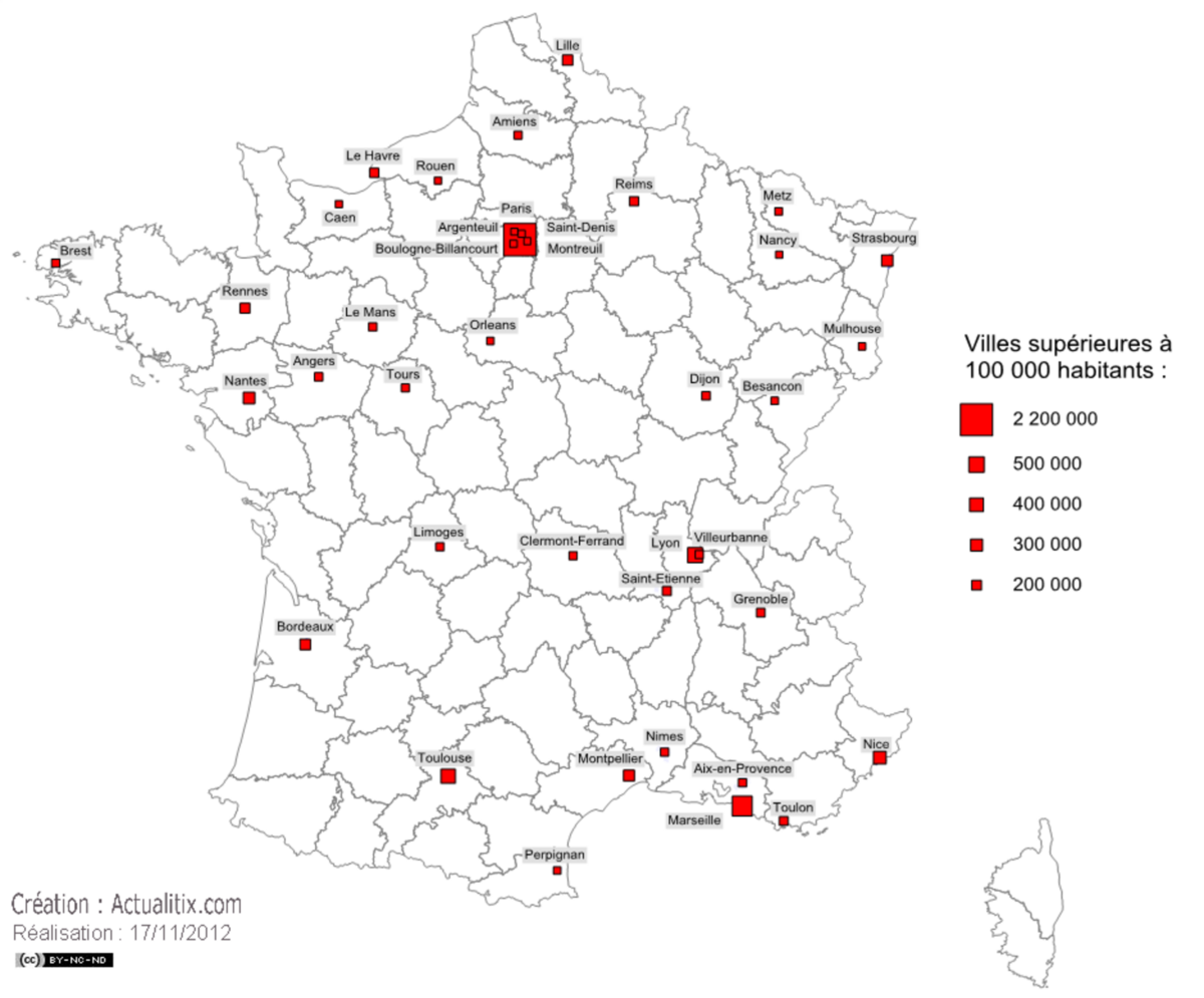 Les grandes villes de France (+ de 100 000 habitants) ©Actualitix.com