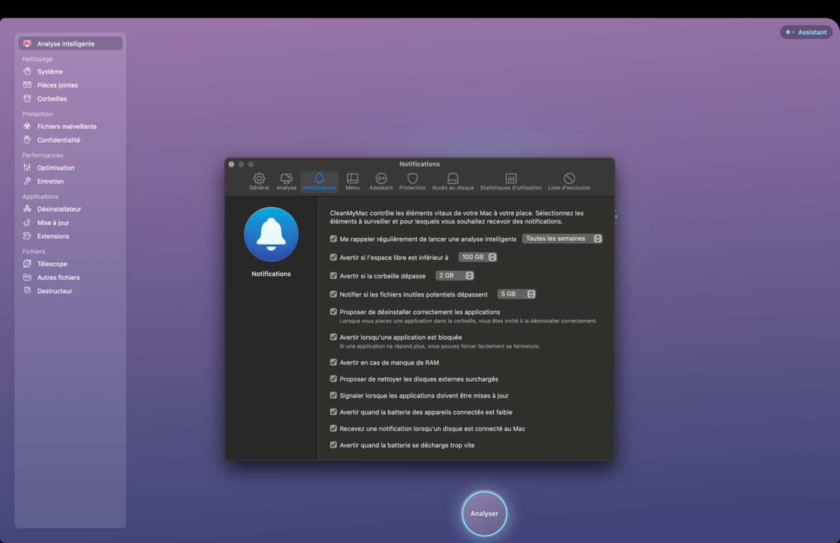 CleanMyMac X propose de nombreuses options pour personnaliser les notifications et les rappels © CleanMyMac X