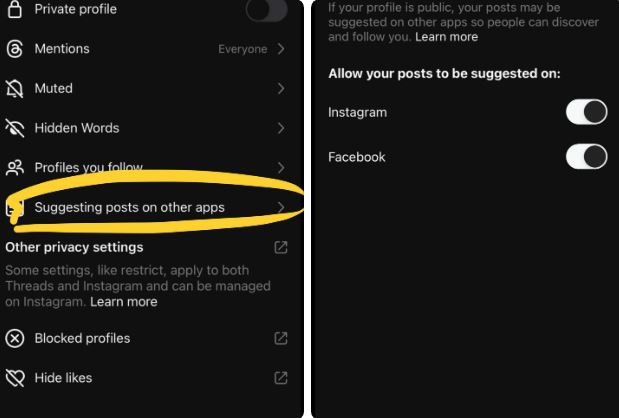 Dans les options, on peut désormais désactiver les suggestions sur Instagram et Facebook © DataDriveNMD / Threads