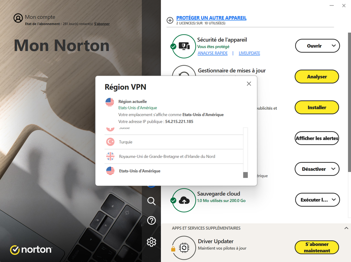 Sélectionner une localisation VPN - ©Norton