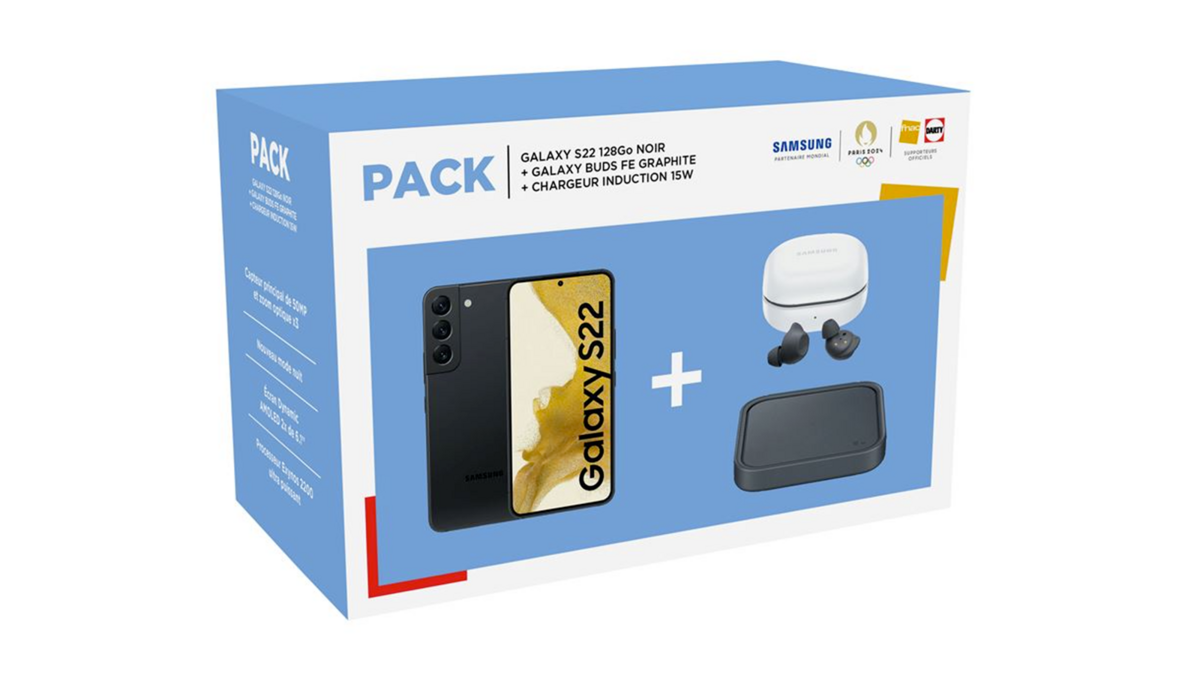 Le pack Fnac/Darty avec le Samsung Galaxy S22, les Galaxy Buds FE et le chargeur