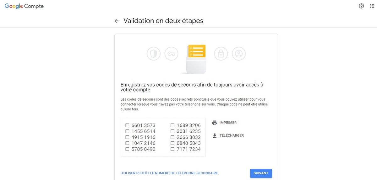 Google Drive - Génération des 10 codes de récupération de compte
