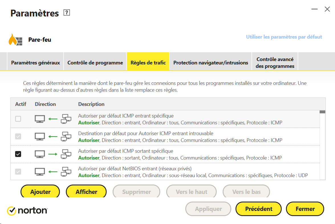 Pare-feu Norton 360 - Règles de trafic