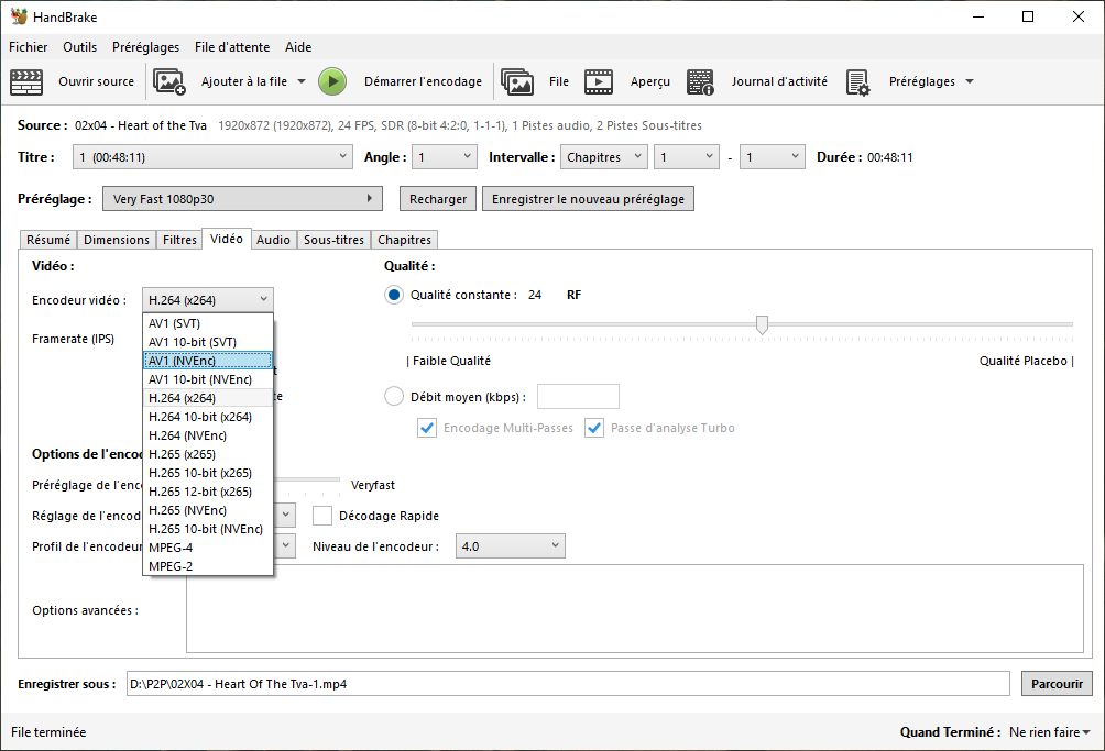 Handbrake encodage AV1 NVEnc © Nerces