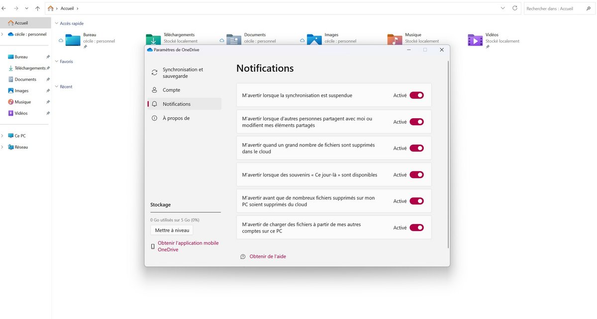 OneDrive - Gestion des notifications