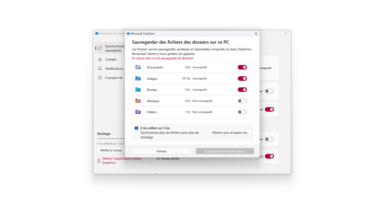 OneDrive - Choix des fichiers à sauvegarder