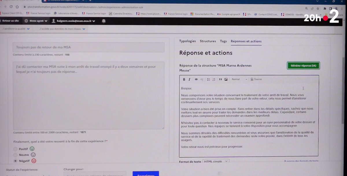 Capture d'écran montrant l'utilisation de l'IA pour répondre à un administré © France 2