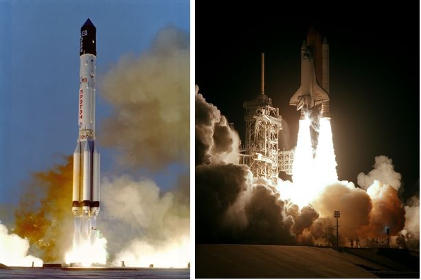 Proton and shuttle first international space station modules © NASA