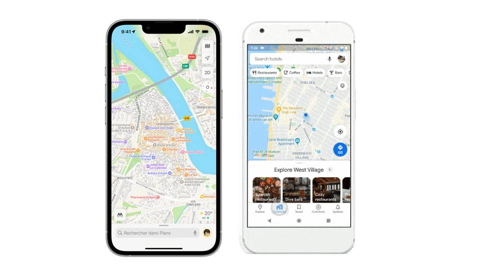 l'interface d'Apple Maps -) gauche) et de Google Maps (à droite) © Apple / Google / Clubic