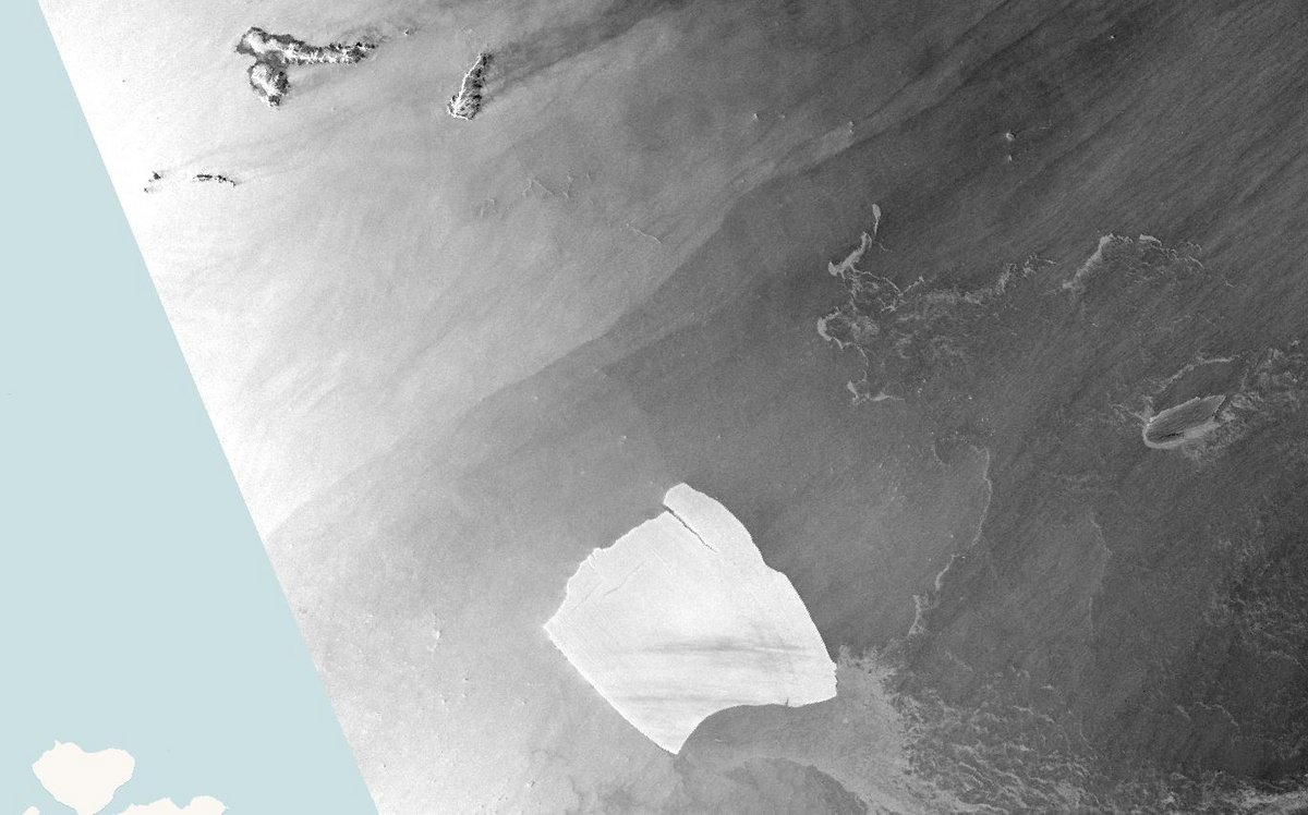 Sur cette image radar capturée hier par le satellite Sentinel 1A, on voit la taille du géant par rapport à Elephant Island (au nord-ouest). Il s'en rapproche... © ESA/Copernicus/Sentinel Hub