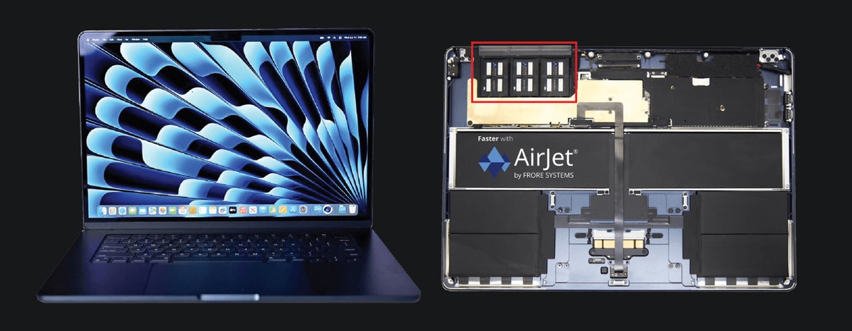 La technologie de refroidissement active AirJet Mini (encadrée en rouge sur l'image de droite) intégrée à un MacBook Air M2 consiste en trois modules piézoélectriques associés à une chambre à vapeur et une plaque de cuivre.