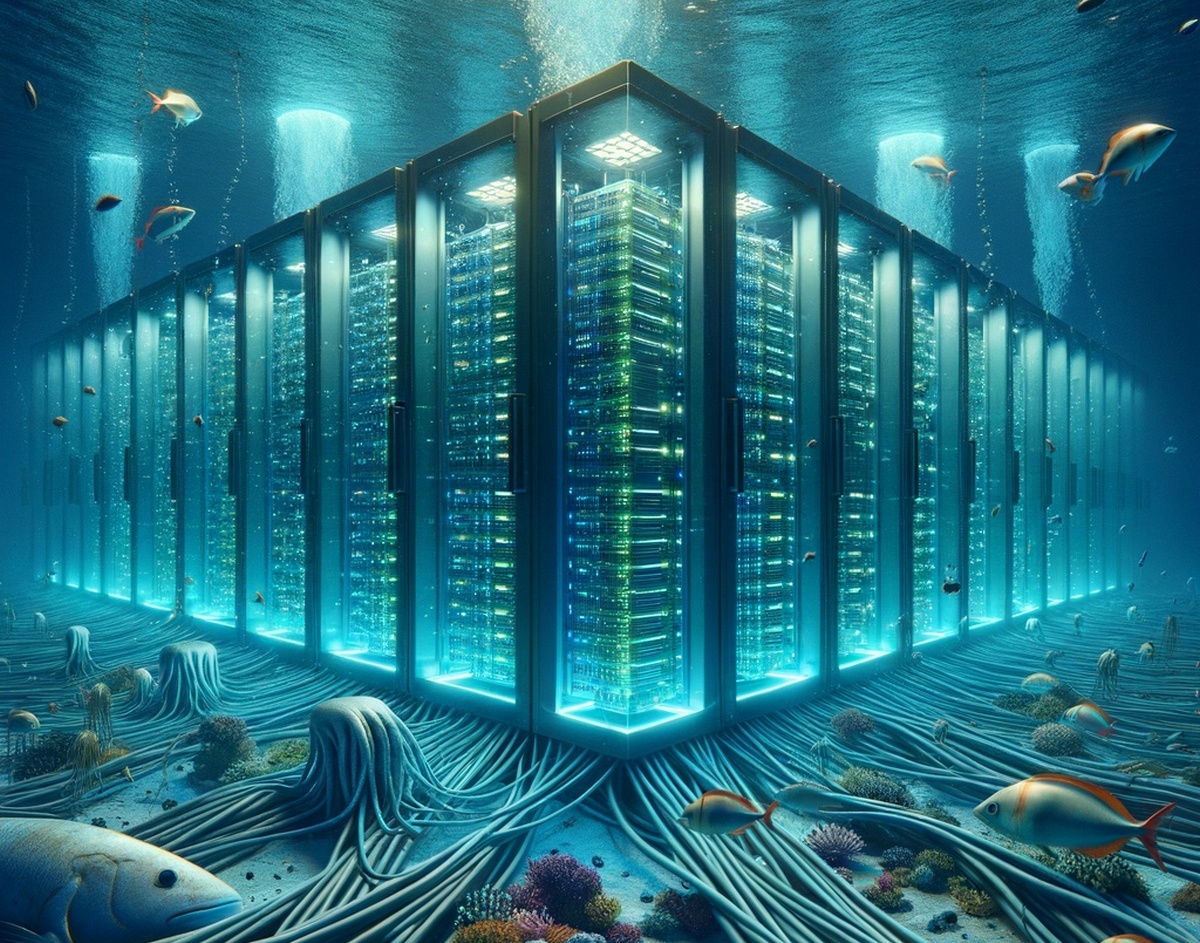 Image générée par IA représentant un data center sous-marin
