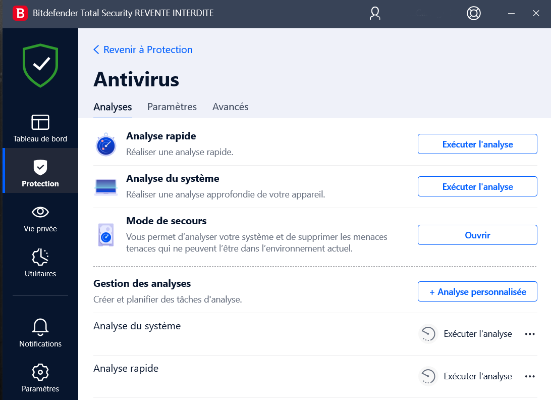 Bitdefender Total Security - Les différents types d&#039;analyses