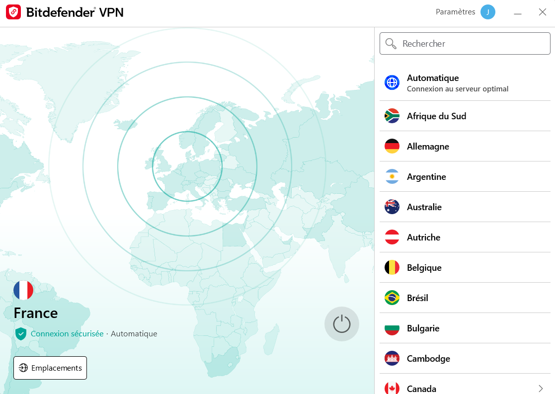 Bitdefender Total Security - Liste des empalcements VPN
