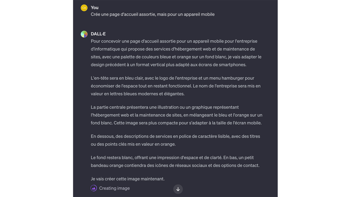 Descriptif du design d’une page d’accueil générée avec DALL·E 3 © Pascale Duc pour Clubic