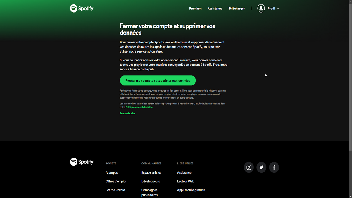 Page dédiée pour supprimer le compte Spotify © Benoit Baylé pour Clubic