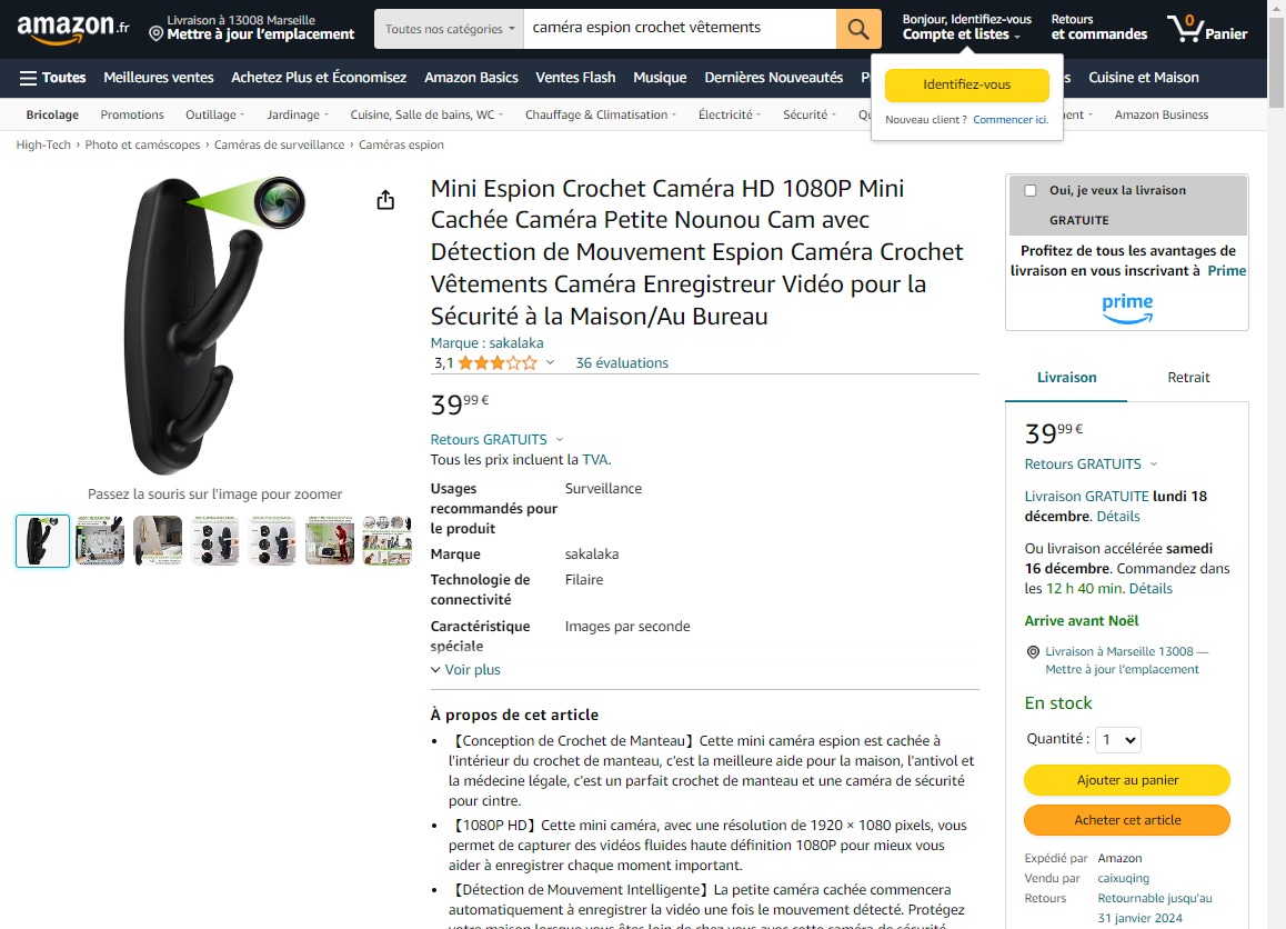 L'une des caméras espions déguisées en crochet à vêtements, accessible sur la marketplace française © Capture d'écran Clubic