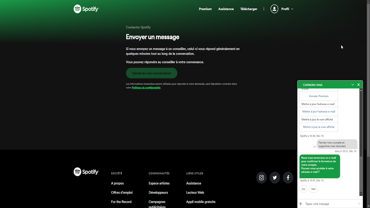 Supprimer compte Spotify via Chatbot © Benoit Baylé pour Clubic