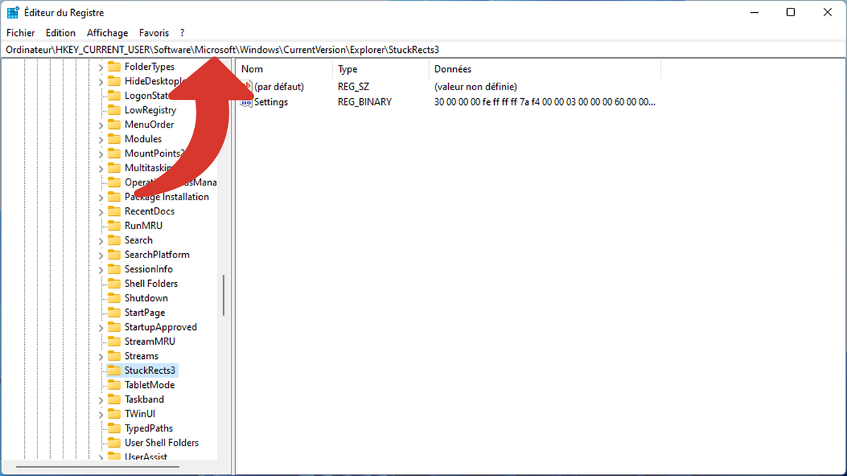 Éditeur du registre : arborescence à atteindre pour déplacer la barre des tâches de Windows 11 © Clubic